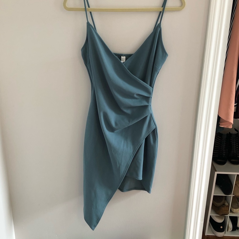 Turquoise body-con asymmetrical dress